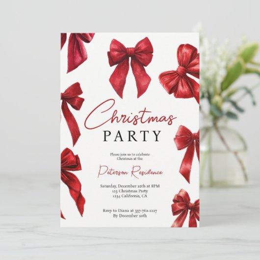 Elegantes Red Coquette Bows Weihnachts-Party Einladung (Stehend Vorderseite)