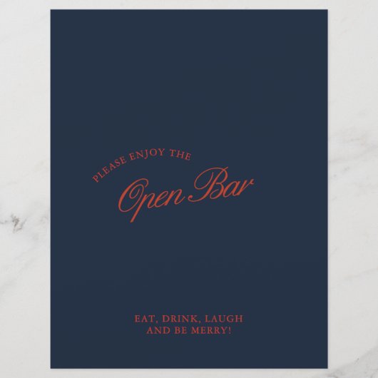 Elegantes Red & Deep Blue Open Bar Wedding Sign (Vorderseite)