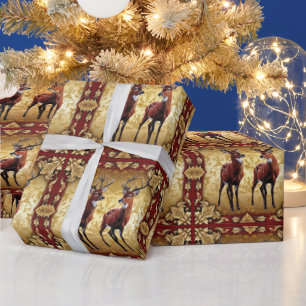 Elegantes Red Deer Moose Gold Merry Xmas Muster Geschenkpapier