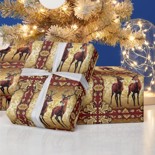 Elegantes Red Deer Moose Gold Merry Xmas Muster Geschenkpapier (Feiertage)