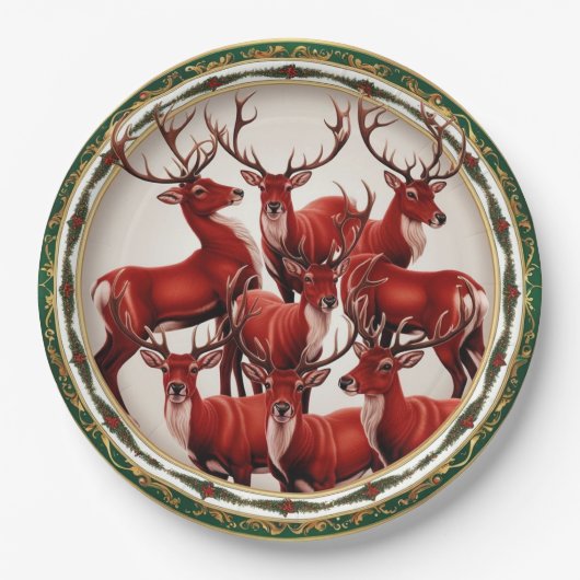 Elegantes Red Deer Moose Gold Snow Merry Xmas Part Pappteller (Vorderseite)