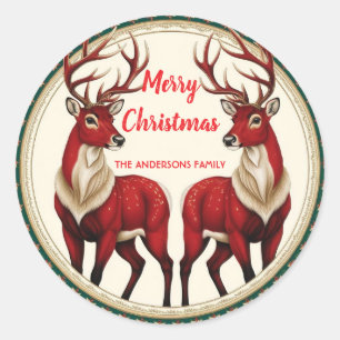 Elegantes Red Deer Moose Gold Snow Merry Xmas Part Runder Aufkleber