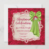 Elegantes Red Floral & Green Bow Weihnachtsfest Pa Einladung (Vorderseite)