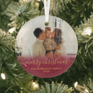 Elegantes Red Gold Family Foto Frohe Weihnachten Ornament Aus Glas
