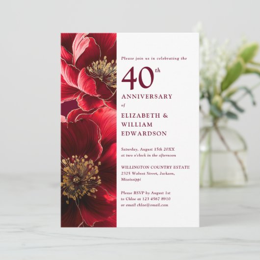 Elegantes Red Gold Floral 40-jähriges Foto Einladung (Stehend Vorderseite)