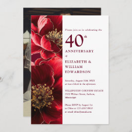 Elegantes Red Gold Floral 40-jähriges Foto Einladung