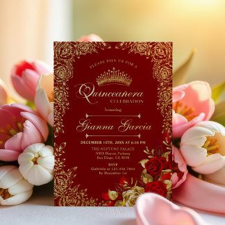 Elegantes Red Gold Floral Quinceanera Party Folieneinladung