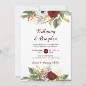 Elegantes Red Gold Floral Script auf einer Hochzei Einladung (Vorderseite)