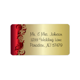 Elegantes Red & Gold Florid Wedding Design Adressaufkleber