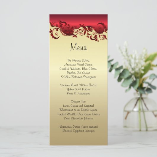 Elegantes Red & Gold Florid Wedding Design Menükarte (Stehend Vorderseite)