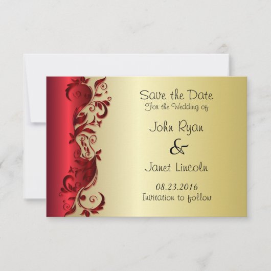 Elegantes Red & Gold Florid Wedding Design Save The Date (Vorderseite)