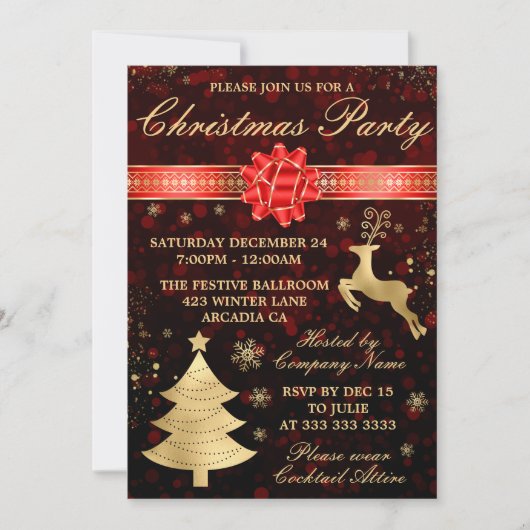 Elegantes Red & Gold Foil Ribbon Weihnachten Party Einladung (Vorderseite)