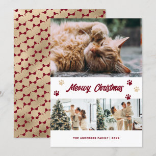 Elegantes Red Gold Foto Meowy Weihnachtskarte Feiertagskarte