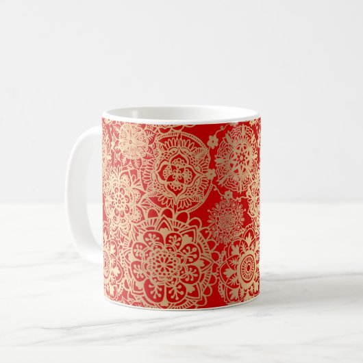 Elegantes Red Gold Mandala Muster Kaffeetasse (Vorderseite Links)