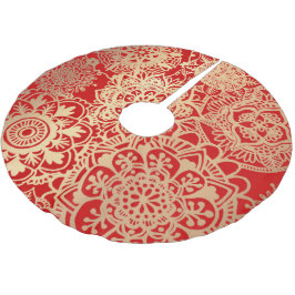Elegantes Red Gold Mandala Muster Polyester Weihnachtsbaumdecke