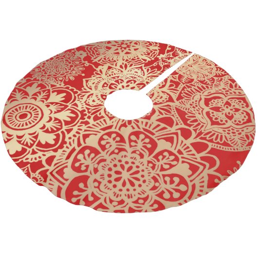 Elegantes Red Gold Mandala Muster Polyester Weihnachtsbaumdecke (Schrägansicht)
