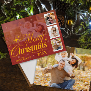 Elegantes Red & Gold Multi Foto Klassisches Weihna Feiertagspostkarte
