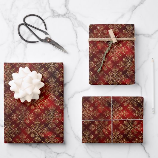 Elegantes Red Gold Muster Weihnachten Geschenkpapier Set (Vorderseite)