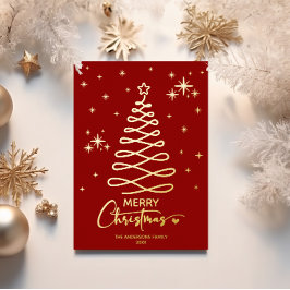 Elegantes Red Gold Ribbon Tree Weihnachten Foto Folien Feiertagskarte