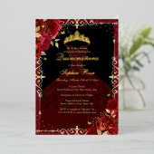 Elegantes Red Gold Rose Dress Quinceanera Folieneinladung (Stehend vorne)