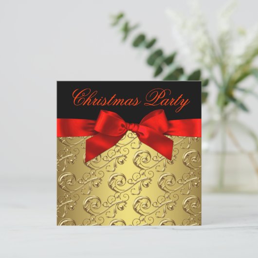 Elegantes Red Gold Swirl Bow Weihnachts-Party Einladung (Stehend Vorderseite)