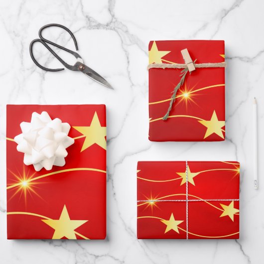 Elegantes Red Gold Weihnachts-Star-Urlaubsmuster W Geschenkpapier Set (Vorderseite)