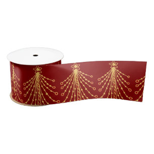 Elegantes Red & Gold Weihnachtsbaummuster Satinband