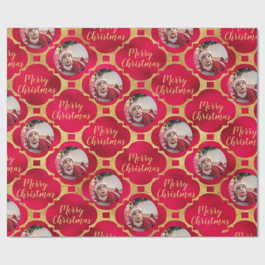 Elegantes Red & Gold Weihnachtsgeschenk-Foto Geschenkpapier (Flach)