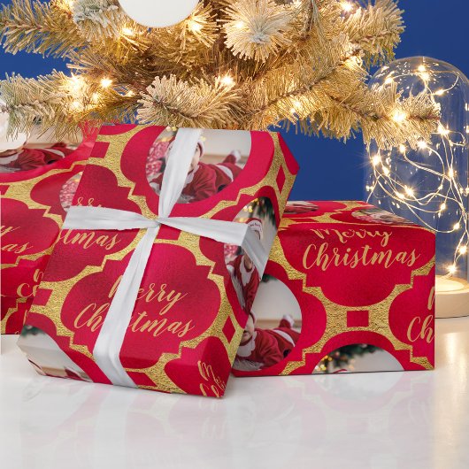 Elegantes Red & Gold Weihnachtsgeschenk-Foto Geschenkpapier