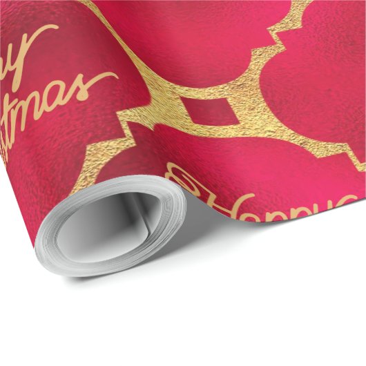 Elegantes Red & Gold Weihnachtsmuster Zwei Fotos Geschenkpapier (Rolleneckpunkt)