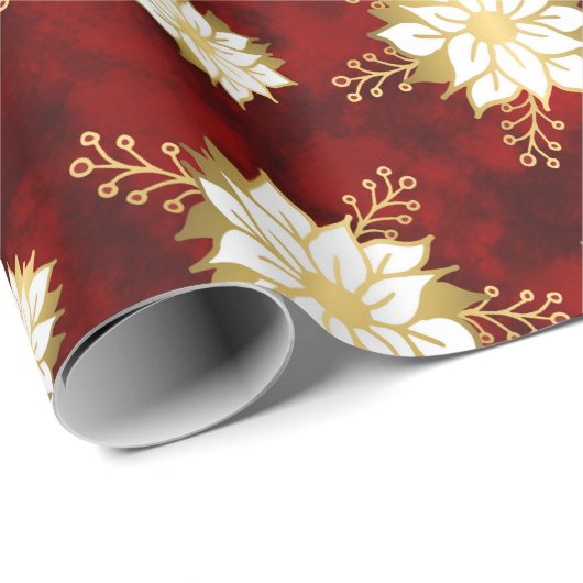 Elegantes Red Gold White Poinsettia Blume Muster Geschenkpapier (Rolleneckpunkt)