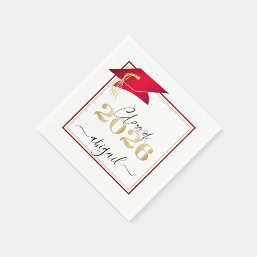 Elegantes Red Graduation Cap Metallic Gold Script Serviette (Ecke)