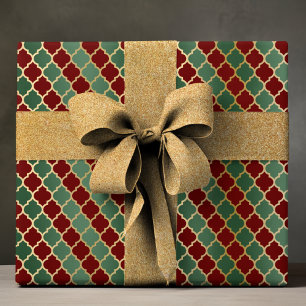 Elegantes Red Green Gold Luxury Quatrefolienmuster Geschenkpapier