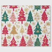 Elegantes Red Green Gold Weihnachtsbaummuster Geschenkpapier (Flach)