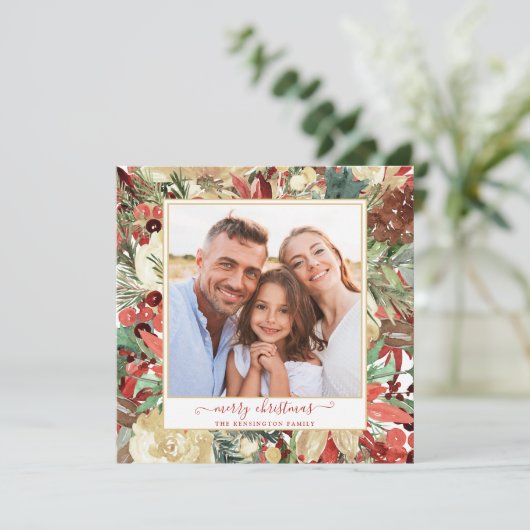Elegantes Red Holiday Floral Weihnachten Foto (Stehend Vorderseite)