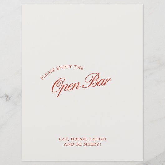 Elegantes Red & Ivory Open Bar Wedding Sign (Vorderseite)