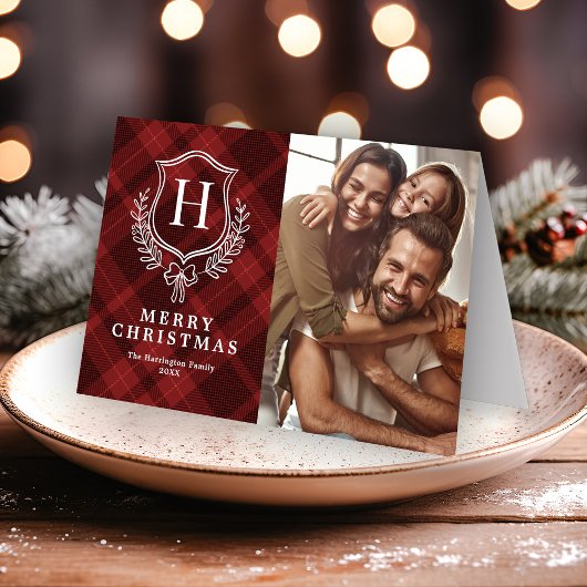 Elegantes Red Kariert Monogram Foto Weihnachten