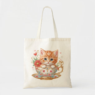 Elegantes Red Kitten in Teacup - Blumendesign - Tragetasche