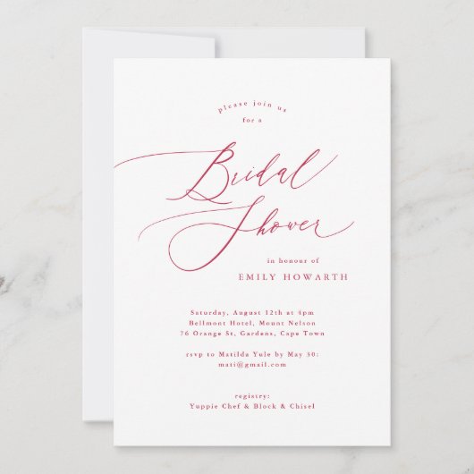 Elegantes Red Magenta Calligrafy Brautparty Einladung (Vorderseite)