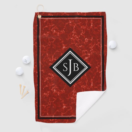 Elegantes Red Marble Black Diamond Monogram Golfhandtuch (Insitu)