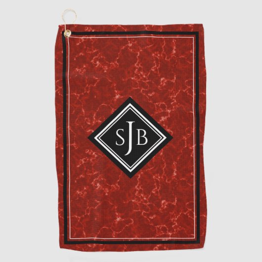 Elegantes Red Marble Black Diamond Monogram Golfhandtuch (Vorderseite)