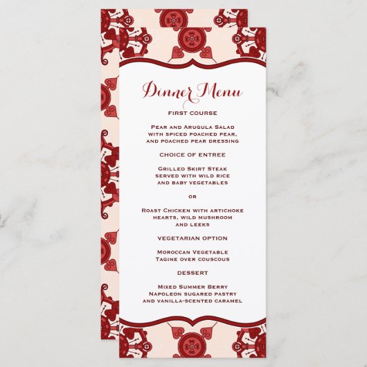 Elegantes Red Medallion Muster Slim Dinner Menü Menükarte (Vorne/Hinten)