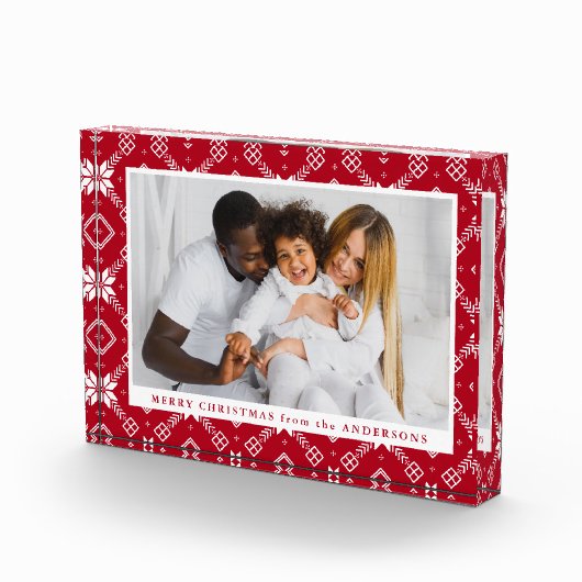 Elegantes Red Nordic Snowflake Muster Weihnachten Fotoblock (Rechts)