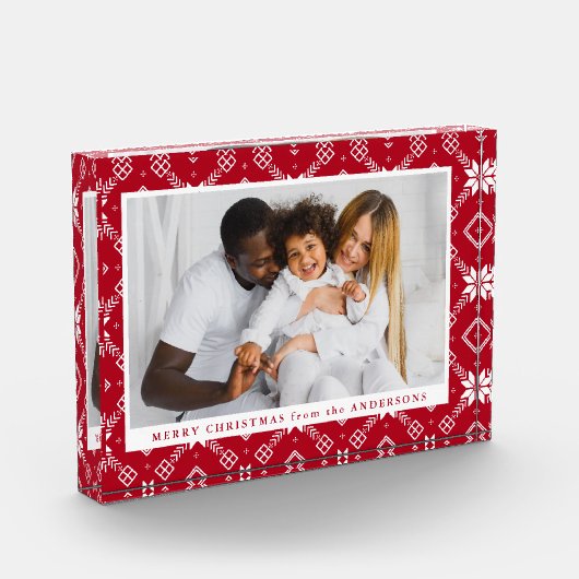 Elegantes Red Nordic Snowflake Muster Weihnachten Fotoblock (Links)