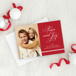 Elegantes Red Peace and Joy Script Foto Feiertagskarte