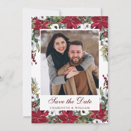 Elegantes Red Poinsettia Christmas Wedding Foto Save The Date (Vorderseite)
