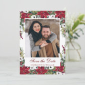 Elegantes Red Poinsettia Christmas Wedding Foto Save The Date (Stehend Vorderseite)