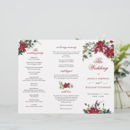 Elegantes Red Poinsettia Hochzeitsprogramm (Stehend Vorderseite)
