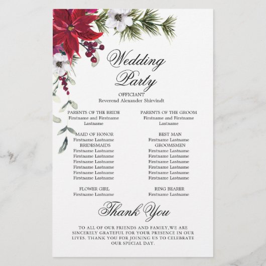 Elegantes Red Poinsettia Hochzeitsprogramm (Rückseite)