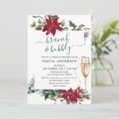 Elegantes Red Poinsettia Watercolor Brunch & Bubbl Einladung (Stehend Vorderseite)